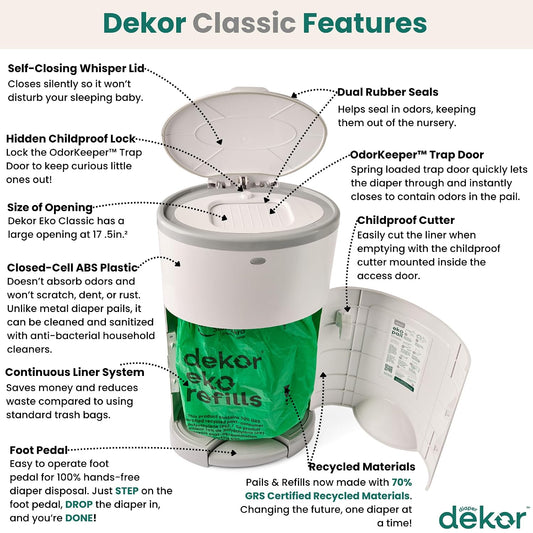 EKO Classic Diaper Pail, White | ONLY Eco-Friendly Diaper Pail Made with 70% Recycled Materials | Hands-Free: Step–Drop–Done | Cost-Effective Refill System