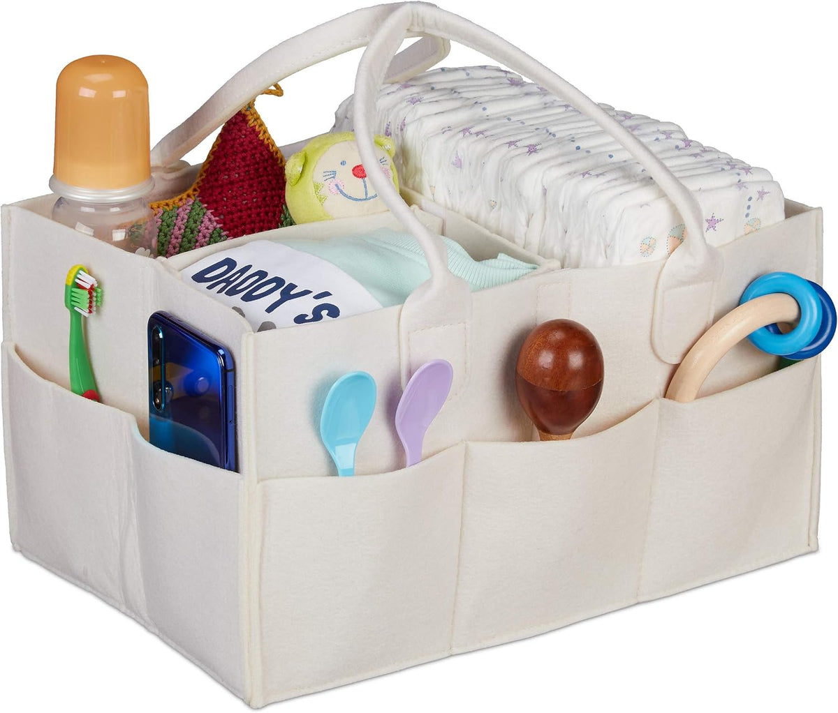 Baby Diaper Caddy, 11 Compartments, Removable Dividers, Portable Felt Bag, H x W x D: 34 x 33 x 23 cm, Beige, 100%