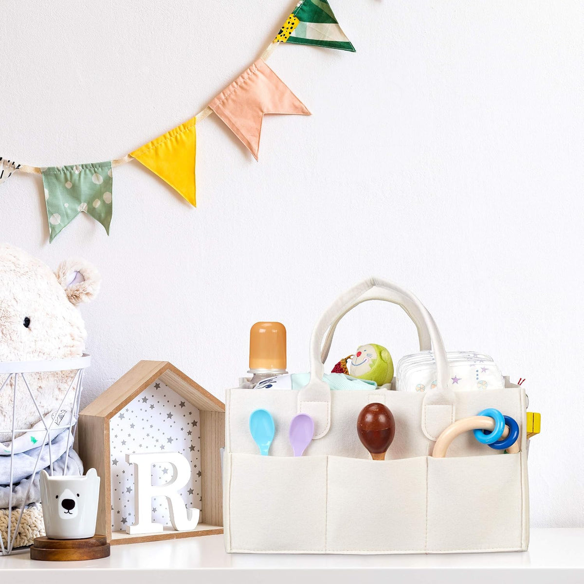 Baby Diaper Caddy, 11 Compartments, Removable Dividers, Portable Felt Bag, H x W x D: 34 x 33 x 23 cm, Beige, 100%