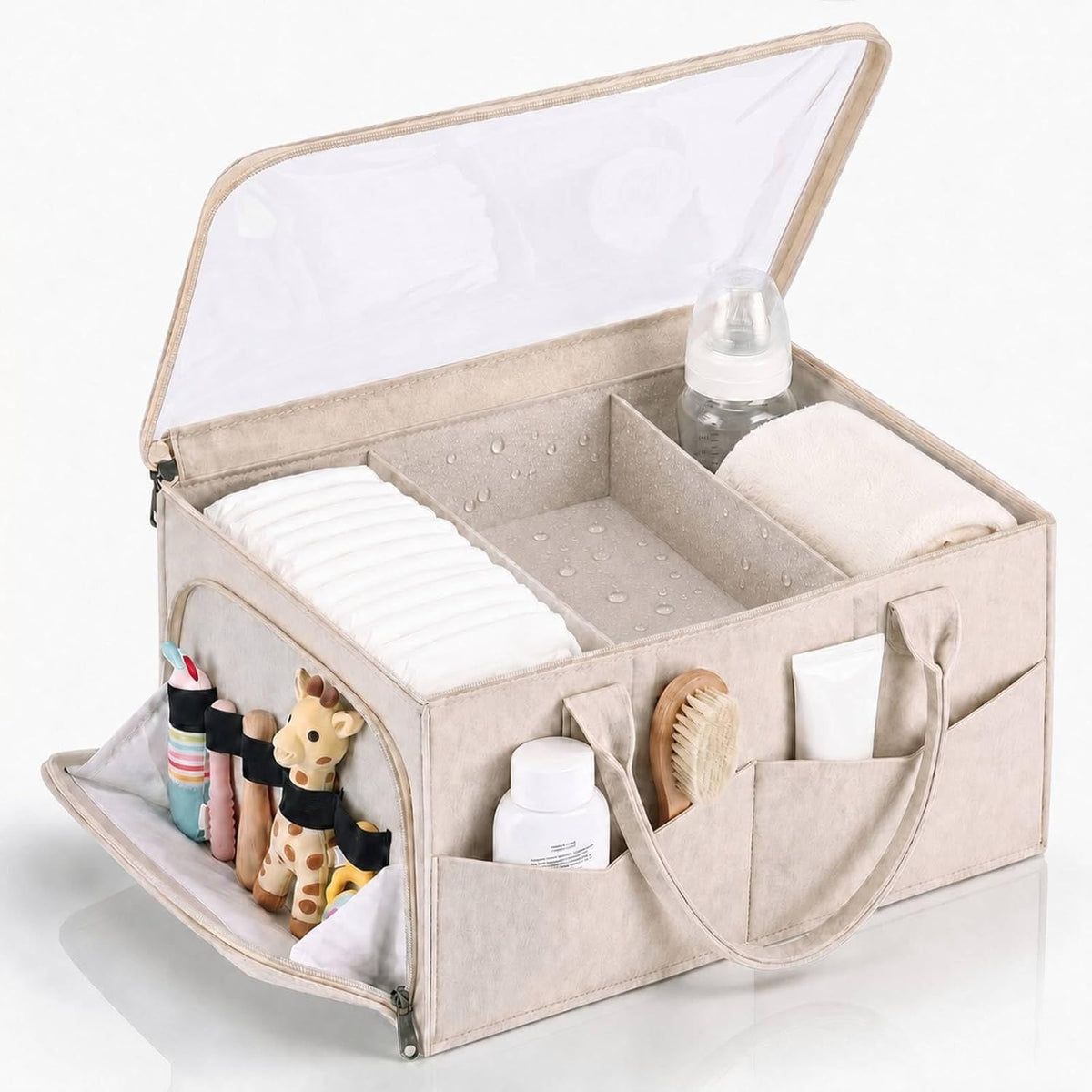 Large Baby Diaper Caddy Organizer with Dust Cover Oatmeal Felt Nursery Storage Basket with Adjustable Compartments Waterproof Interior Multiple Pockets Gift for Baby Shower Registry Must Have