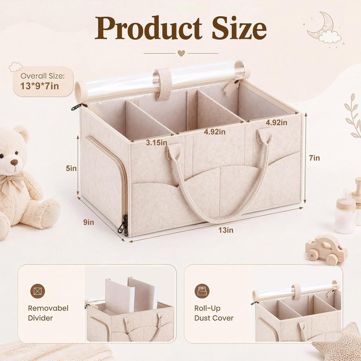 Large Baby Diaper Caddy Organizer with Dust Cover Oatmeal Felt Nursery Storage Basket with Adjustable Compartments Waterproof Interior Multiple Pockets Gift for Baby Shower Registry Must Have