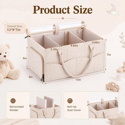 Large Baby Diaper Caddy Organizer with Dust Cover Oatmeal Felt Nursery Storage Basket with Adjustable Compartments Waterproof Interior Multiple Pockets Gift for Baby Shower Registry Must Have