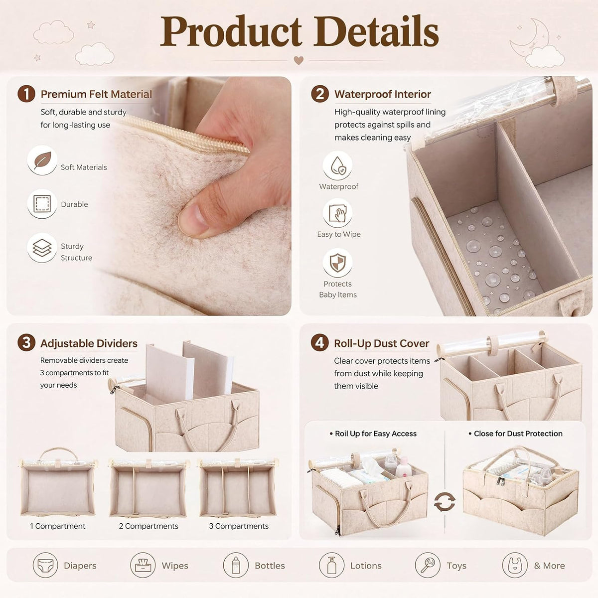 Large Baby Diaper Caddy Organizer with Dust Cover Oatmeal Felt Nursery Storage Basket with Adjustable Compartments Waterproof Interior Multiple Pockets Gift for Baby Shower Registry Must Have