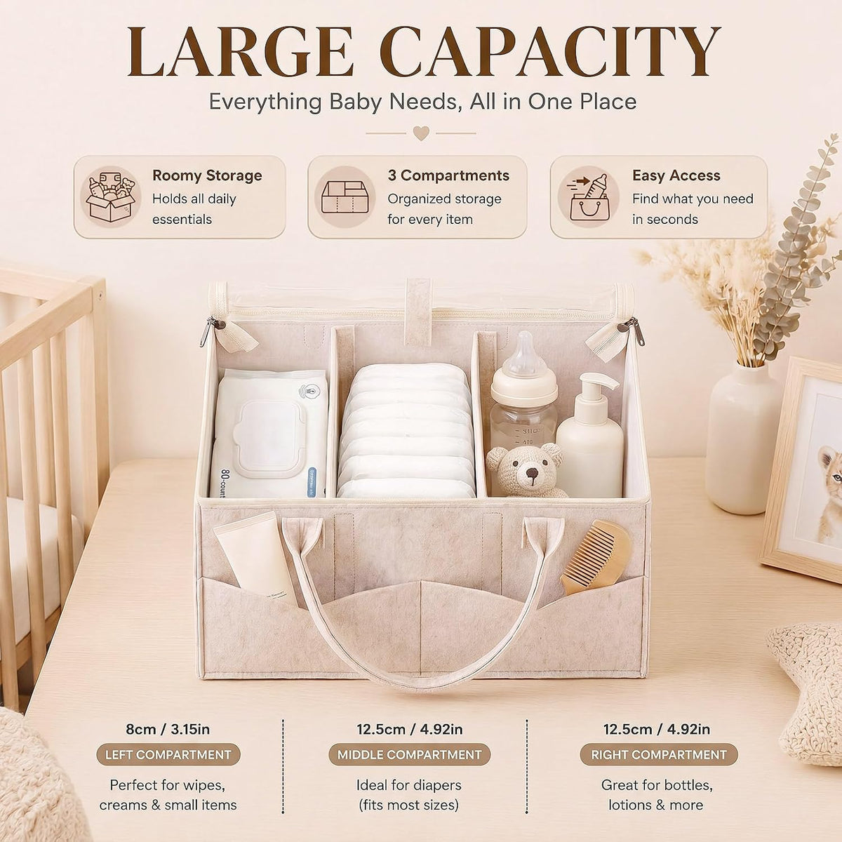Large Baby Diaper Caddy Organizer with Dust Cover Oatmeal Felt Nursery Storage Basket with Adjustable Compartments Waterproof Interior Multiple Pockets Gift for Baby Shower Registry Must Have
