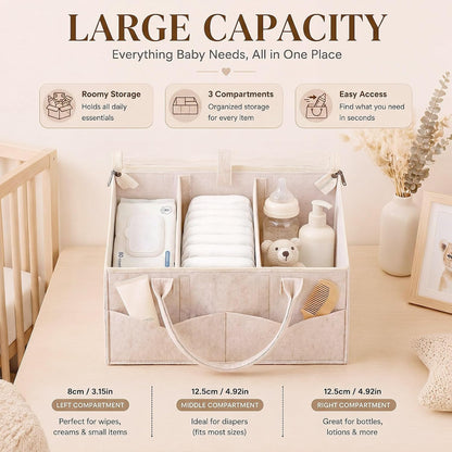 Large Baby Diaper Caddy Organizer with Dust Cover Oatmeal Felt Nursery Storage Basket with Adjustable Compartments Waterproof Interior Multiple Pockets Gift for Baby Shower Registry Must Have