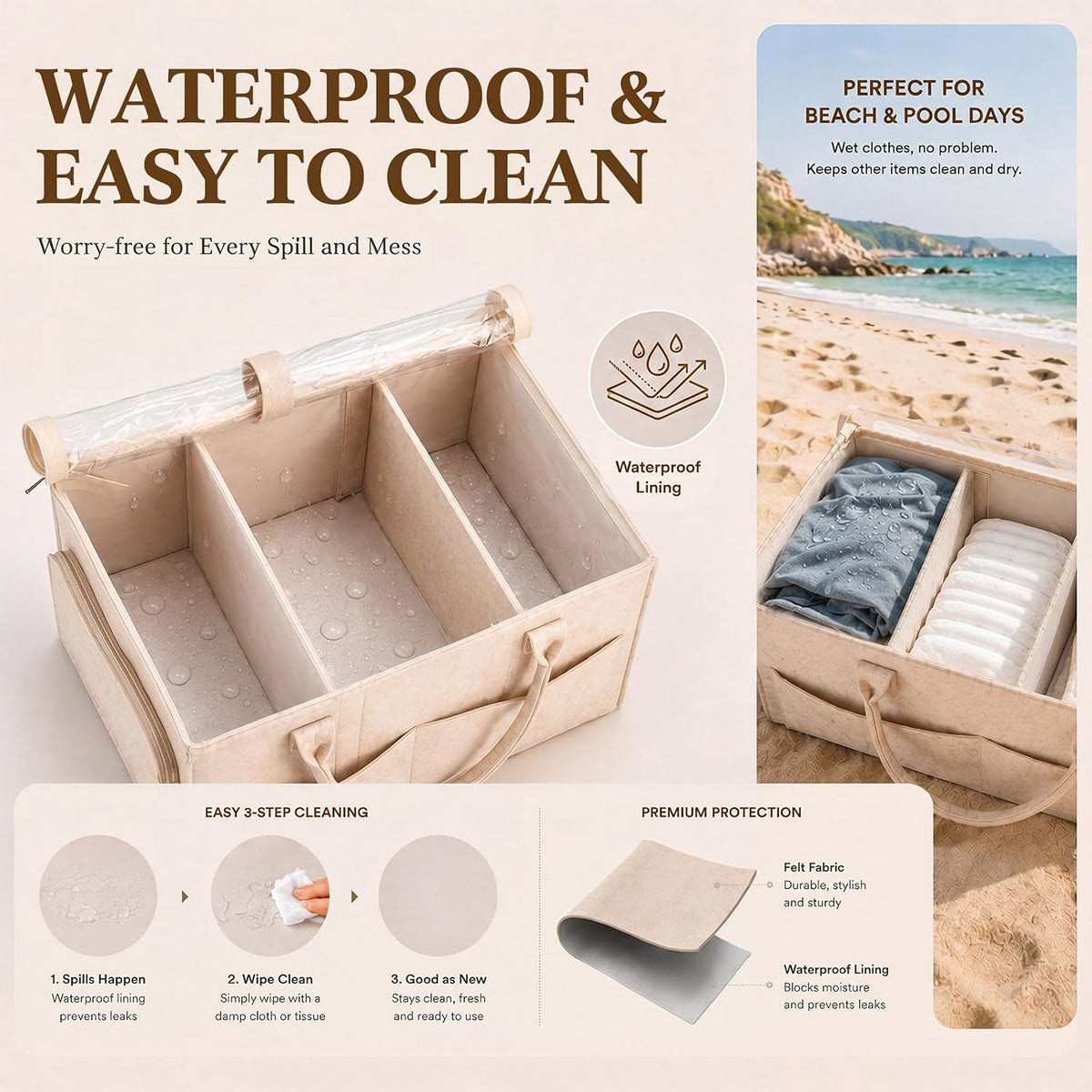Large Baby Diaper Caddy Organizer with Dust Cover Oatmeal Felt Nursery Storage Basket with Adjustable Compartments Waterproof Interior Multiple Pockets Gift for Baby Shower Registry Must Have
