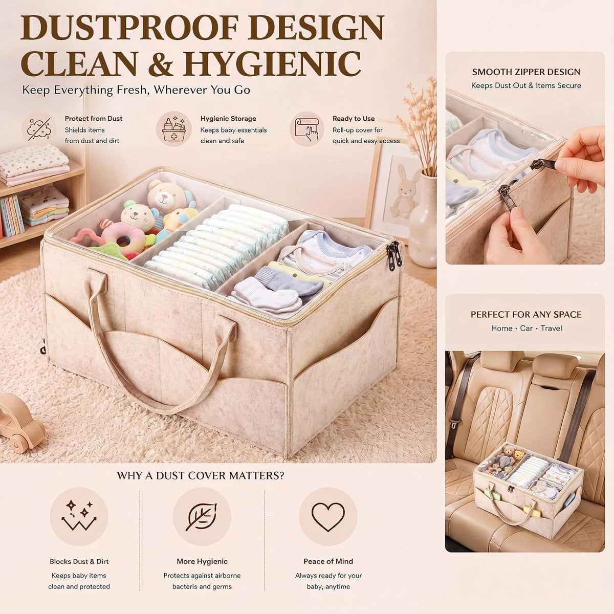 Large Baby Diaper Caddy Organizer with Dust Cover Oatmeal Felt Nursery Storage Basket with Adjustable Compartments Waterproof Interior Multiple Pockets Gift for Baby Shower Registry Must Have