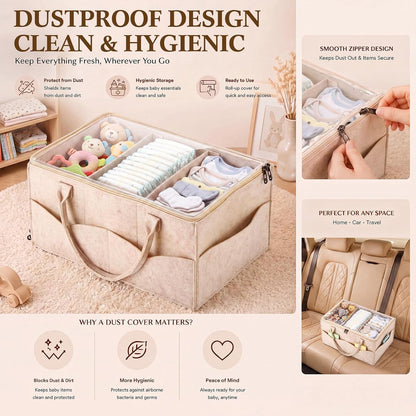 Large Baby Diaper Caddy Organizer with Dust Cover Oatmeal Felt Nursery Storage Basket with Adjustable Compartments Waterproof Interior Multiple Pockets Gift for Baby Shower Registry Must Have