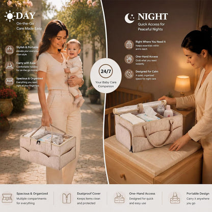 Large Baby Diaper Caddy Organizer with Dust Cover Oatmeal Felt Nursery Storage Basket with Adjustable Compartments Waterproof Interior Multiple Pockets Gift for Baby Shower Registry Must Have