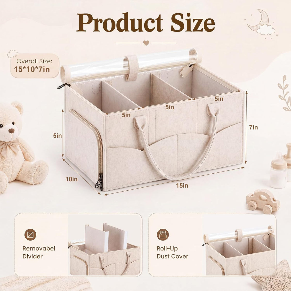 Large Baby Diaper Caddy Organizer with Dust Cover Oatmeal Felt Nursery Storage Basket with Adjustable Compartments Waterproof Interior Multiple Pockets Gift for Baby Shower Registry Must Have