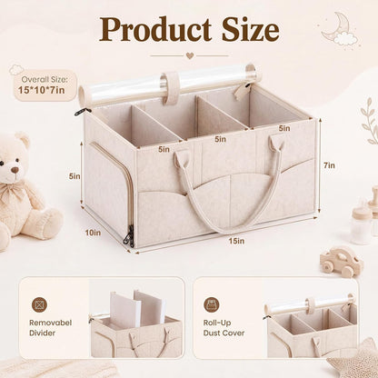 Large Baby Diaper Caddy Organizer with Dust Cover Oatmeal Felt Nursery Storage Basket with Adjustable Compartments Waterproof Interior Multiple Pockets Gift for Baby Shower Registry Must Have