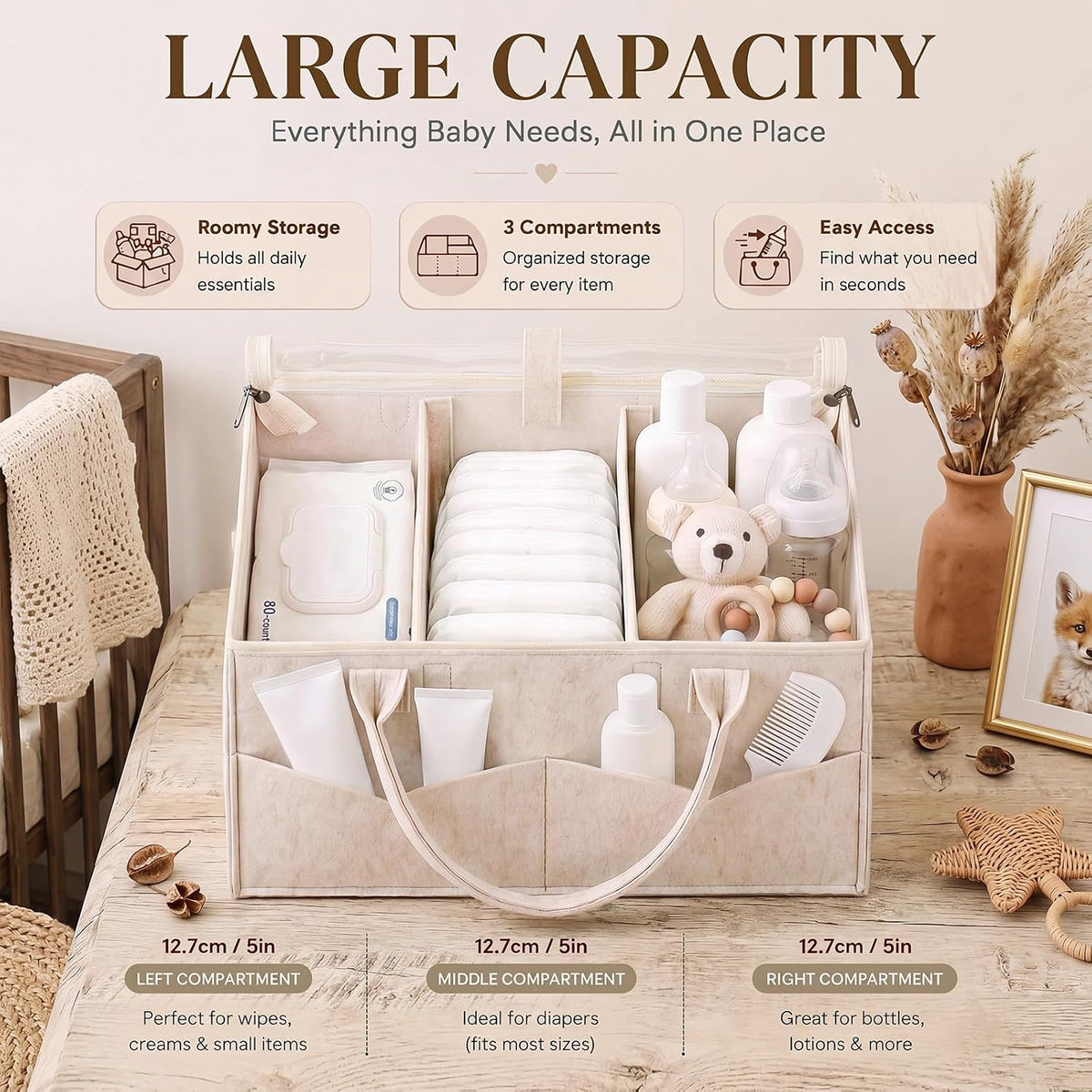 Large Baby Diaper Caddy Organizer with Dust Cover Oatmeal Felt Nursery Storage Basket with Adjustable Compartments Waterproof Interior Multiple Pockets Gift for Baby Shower Registry Must Have