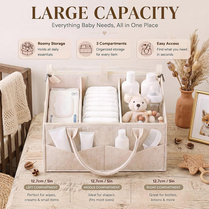 Large Baby Diaper Caddy Organizer with Dust Cover Oatmeal Felt Nursery Storage Basket with Adjustable Compartments Waterproof Interior Multiple Pockets Gift for Baby Shower Registry Must Have