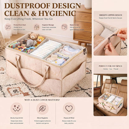 Large Baby Diaper Caddy Organizer with Dust Cover Oatmeal Felt Nursery Storage Basket with Adjustable Compartments Waterproof Interior Multiple Pockets Gift for Baby Shower Registry Must Have