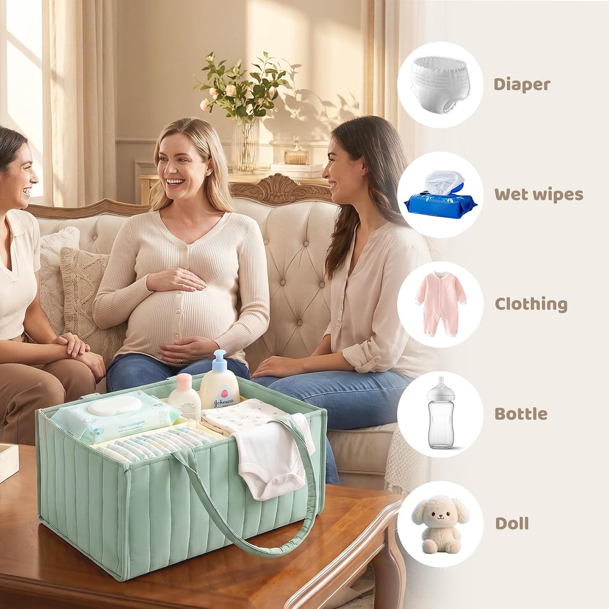 Baby Diaper Caddy Organizer, Nursery Storage Bin Basket with Handle Portable Diaper Organizer Suitable for Indoor Outdoor(khaki)