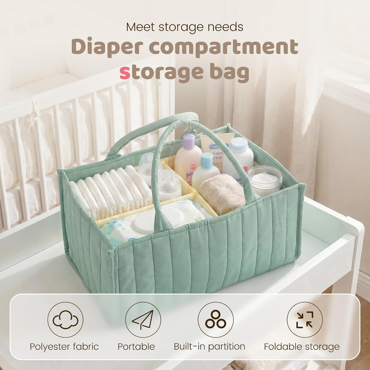 Baby Diaper Caddy Organizer, Nursery Storage Bin Basket with Handle Portable Diaper Organizer Suitable for Indoor Outdoor(khaki)
