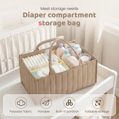 Baby Diaper Caddy Organizer, Nursery Storage Bin Basket with Handle Portable Diaper Organizer Suitable for Indoor Outdoor(khaki)