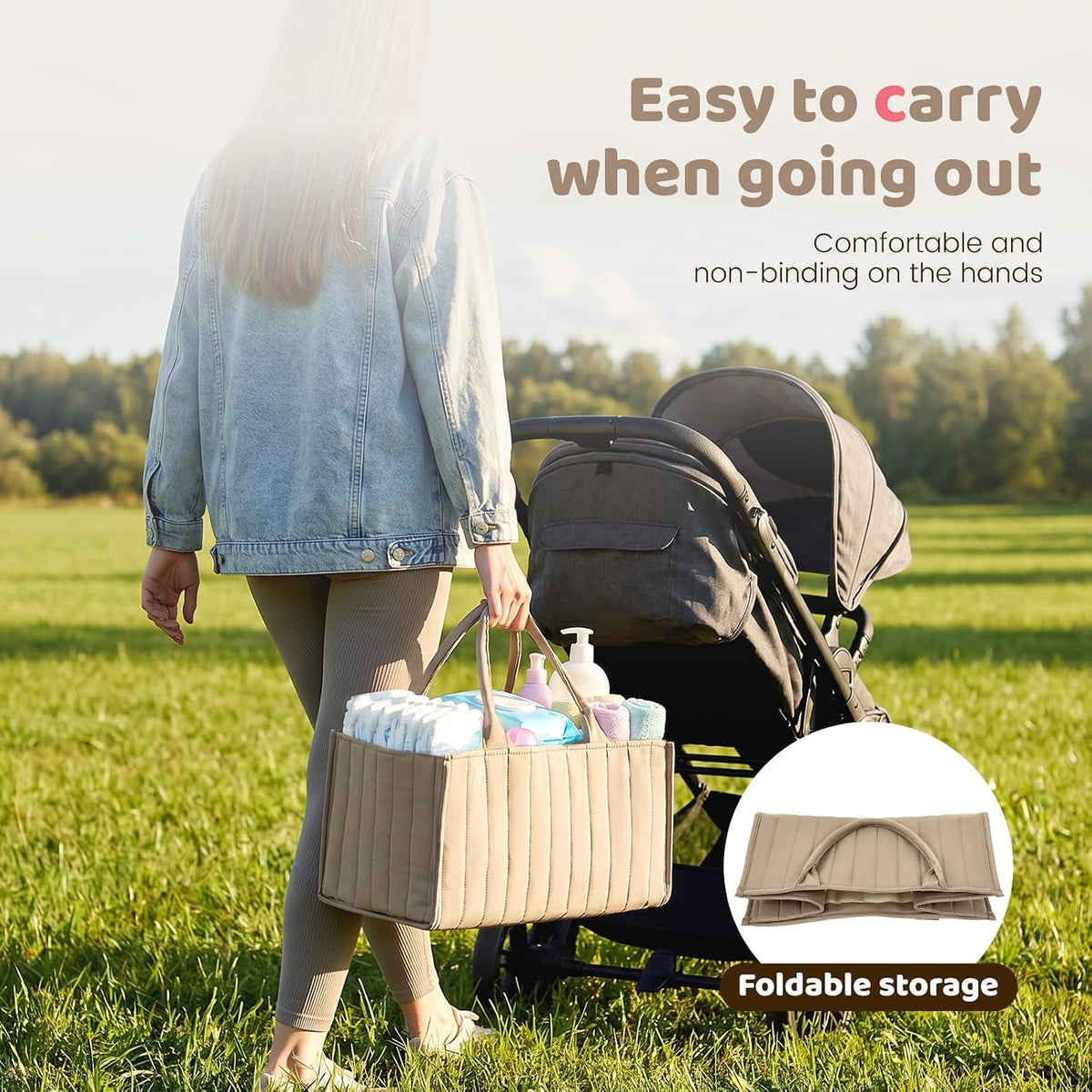 Baby Diaper Caddy Organizer, Nursery Storage Bin Basket with Handle Portable Diaper Organizer Suitable for Indoor Outdoor(khaki)