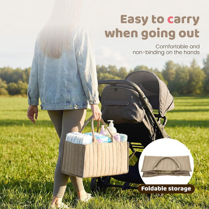 Baby Diaper Caddy Organizer, Nursery Storage Bin Basket with Handle Portable Diaper Organizer Suitable for Indoor Outdoor(khaki)