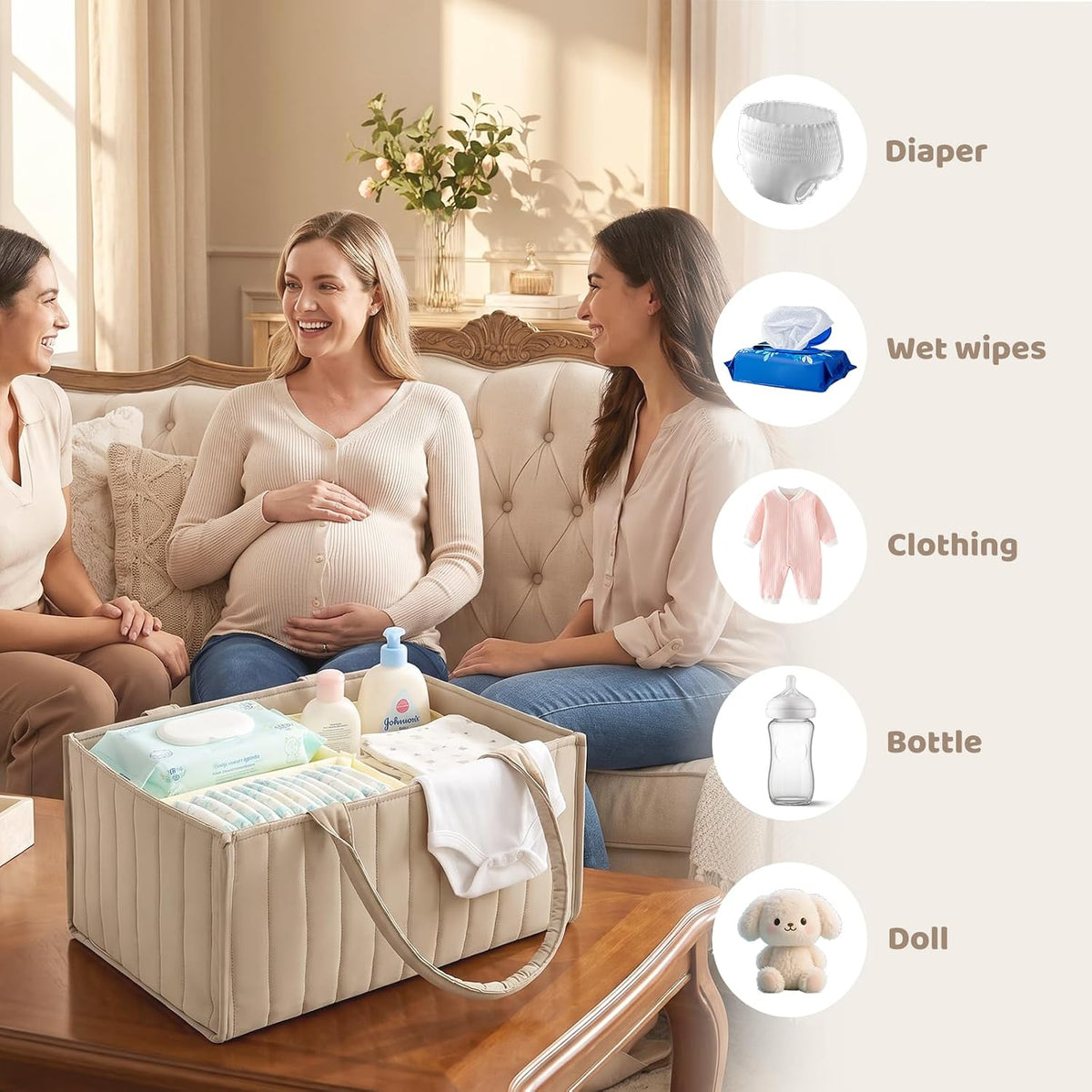 Baby Diaper Caddy Organizer, Nursery Storage Bin Basket with Handle Portable Diaper Organizer Suitable for Indoor Outdoor(khaki)