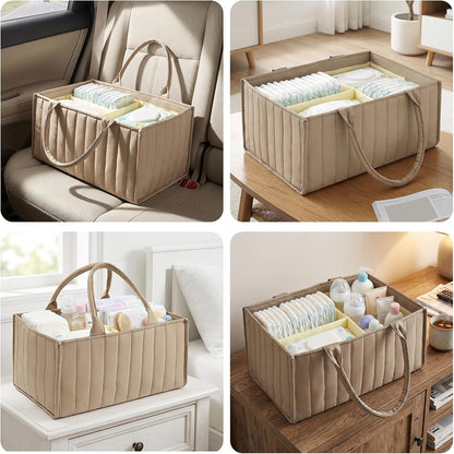 Baby Diaper Caddy Organizer, Nursery Storage Bin Basket with Handle Portable Diaper Organizer Suitable for Indoor Outdoor(khaki)