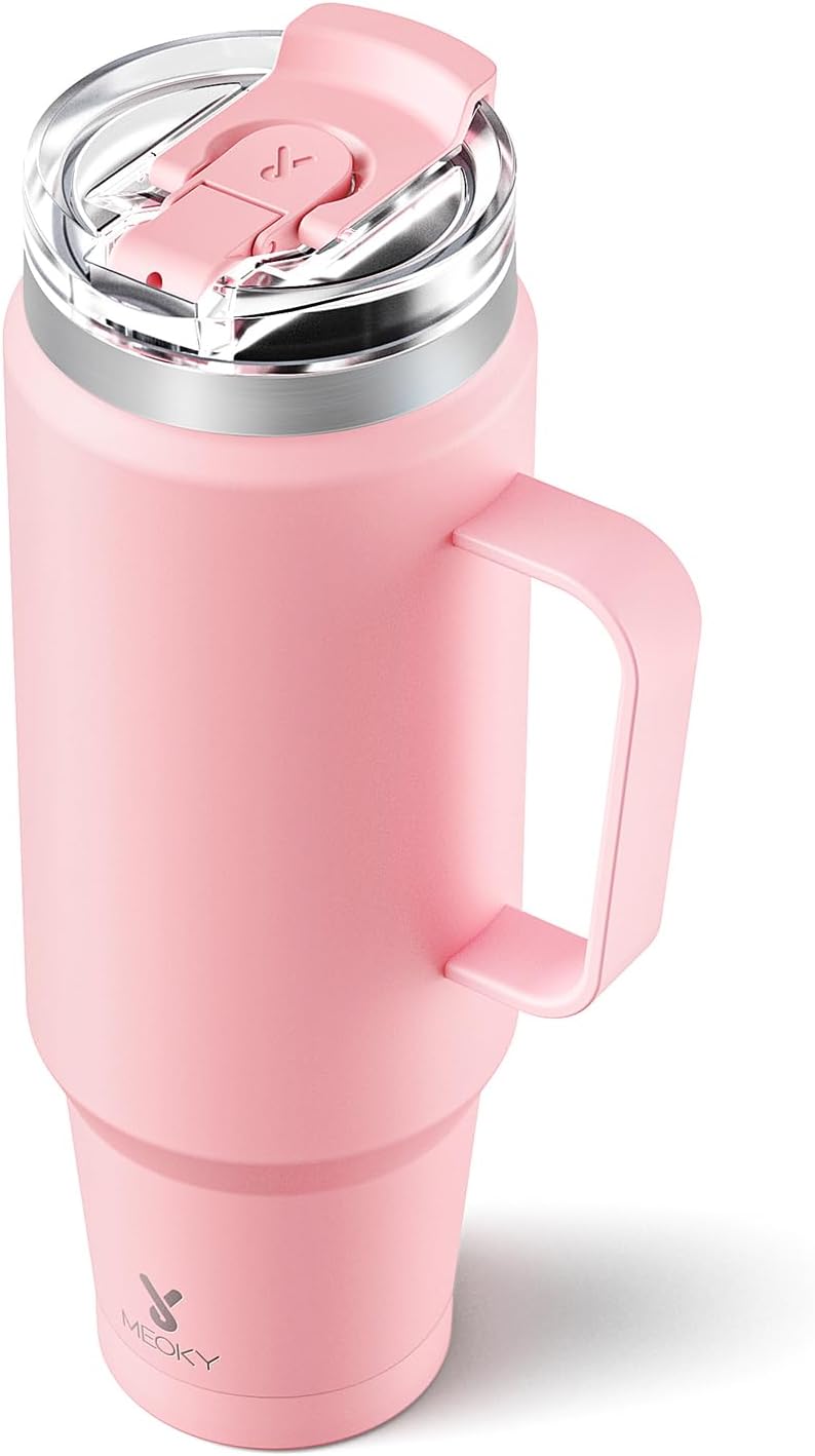 40oz Tumbler with Handle, Stainless Steel Travel Mug with 2-in-1 Straw and Sip Lid, Vacuum Insulated Coffee Mug, 100% Leak Proof, Keeps Cold for 34 Hours or Hot for 10 Hours (Flamingo)