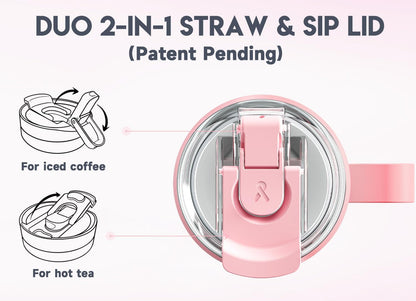 40oz Tumbler with Handle, Stainless Steel Travel Mug with 2-in-1 Straw and Sip Lid, Vacuum Insulated Coffee Mug, 100% Leak Proof, Keeps Cold for 34 Hours or Hot for 10 Hours (Flamingo)