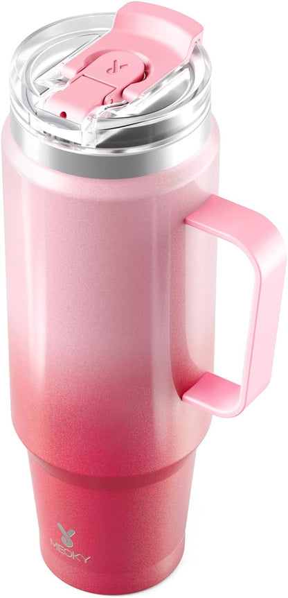40oz Tumbler with Handle, Stainless Steel Travel Mug with 2-in-1 Straw and Sip Lid, Vacuum Insulated Coffee Mug, 100% Leak Proof, Keeps Cold for 34 Hours or Hot for 10 Hours (Flamingo)