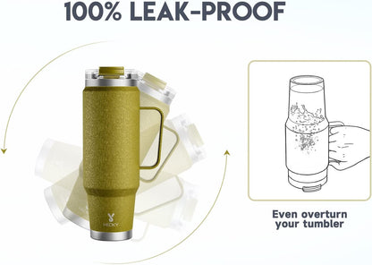 40oz Tumbler with Handle, Stainless Steel Travel Mug with 2-in-1 Straw and Sip Lid, Vacuum Insulated Coffee Mug, 100% Leak Proof, Keeps Cold for 34 Hours or Hot for 10 Hours (Flamingo)