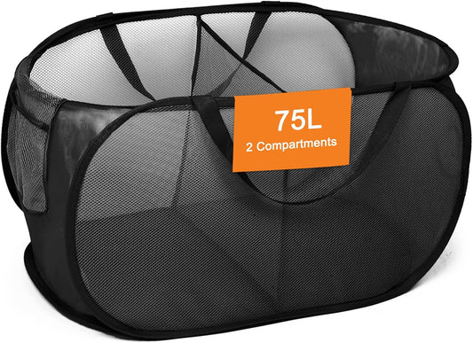 Foldable Laundry Baskets, Collapsible Mesh Laundry Hamper, Durable Pop Up Laundry Basket, 3 Compartments Clothes Hampers for Laundry, Easy to Carry & Sort for Dorm, Home, Kids Room, Travel Black