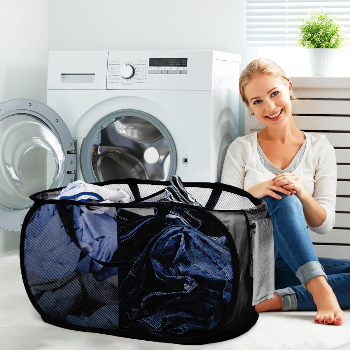 Foldable Laundry Baskets, Collapsible Mesh Laundry Hamper, Durable Pop Up Laundry Basket, 3 Compartments Clothes Hampers for Laundry, Easy to Carry & Sort for Dorm, Home, Kids Room, Travel Black