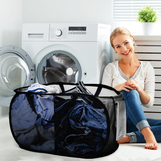 Foldable Laundry Baskets, Collapsible Mesh Laundry Hamper, Durable Pop Up Laundry Basket, 3 Compartments Clothes Hampers for Laundry, Easy to Carry & Sort for Dorm, Home, Kids Room, Travel Black
