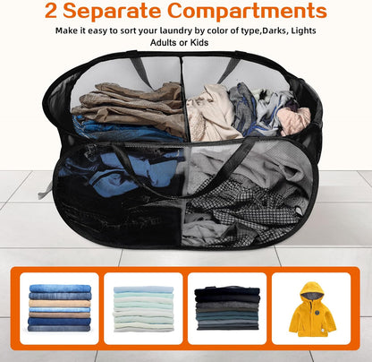Foldable Laundry Baskets, Collapsible Mesh Laundry Hamper, Durable Pop Up Laundry Basket, 3 Compartments Clothes Hampers for Laundry, Easy to Carry & Sort for Dorm, Home, Kids Room, Travel Black