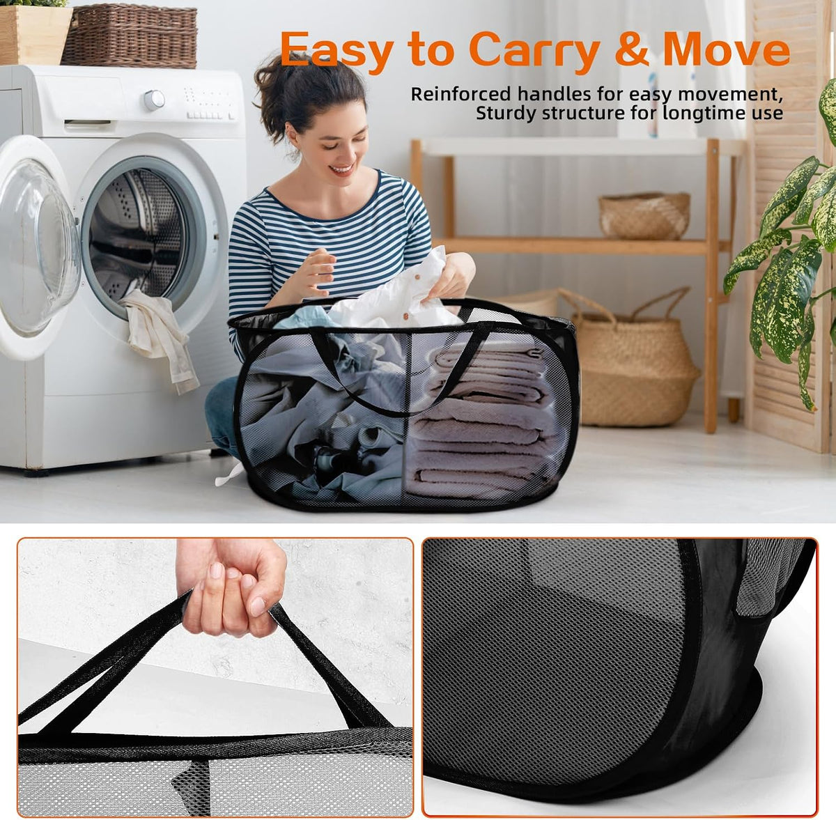 Foldable Laundry Baskets, Collapsible Mesh Laundry Hamper, Durable Pop Up Laundry Basket, 3 Compartments Clothes Hampers for Laundry, Easy to Carry & Sort for Dorm, Home, Kids Room, Travel Black