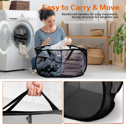 Foldable Laundry Baskets, Collapsible Mesh Laundry Hamper, Durable Pop Up Laundry Basket, 3 Compartments Clothes Hampers for Laundry, Easy to Carry & Sort for Dorm, Home, Kids Room, Travel Black