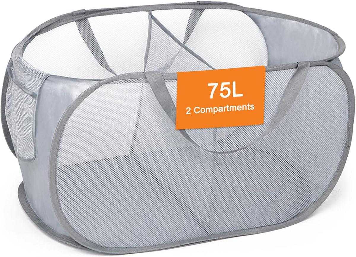 Foldable Laundry Baskets, Collapsible Mesh Laundry Hamper, Durable Pop Up Laundry Basket, 3 Compartments Clothes Hampers for Laundry, Easy to Carry & Sort for Dorm, Home, Kids Room, Travel Black