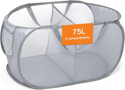 Foldable Laundry Baskets, Collapsible Mesh Laundry Hamper, Durable Pop Up Laundry Basket, 3 Compartments Clothes Hampers for Laundry, Easy to Carry & Sort for Dorm, Home, Kids Room, Travel Black