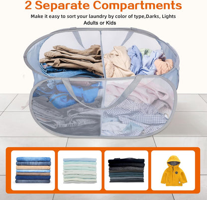 Foldable Laundry Baskets, Collapsible Mesh Laundry Hamper, Durable Pop Up Laundry Basket, 3 Compartments Clothes Hampers for Laundry, Easy to Carry & Sort for Dorm, Home, Kids Room, Travel Black