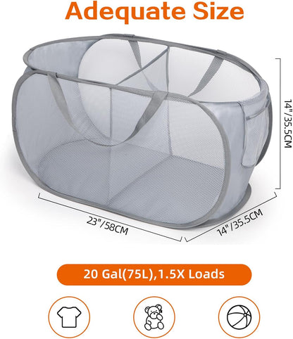 Foldable Laundry Baskets, Collapsible Mesh Laundry Hamper, Durable Pop Up Laundry Basket, 3 Compartments Clothes Hampers for Laundry, Easy to Carry & Sort for Dorm, Home, Kids Room, Travel Black