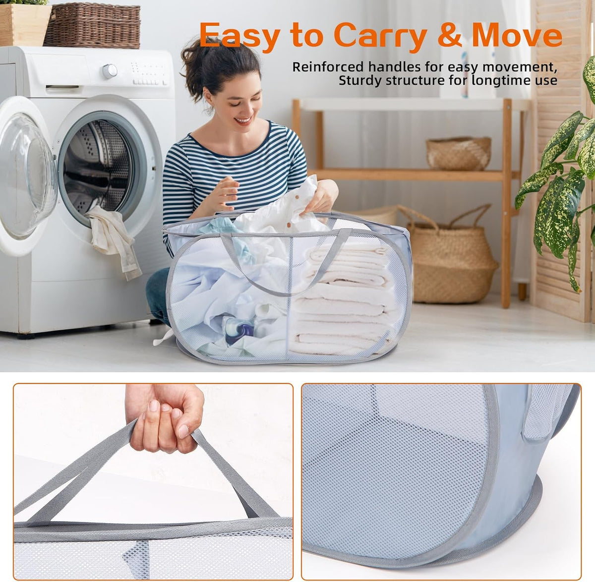 Foldable Laundry Baskets, Collapsible Mesh Laundry Hamper, Durable Pop Up Laundry Basket, 3 Compartments Clothes Hampers for Laundry, Easy to Carry & Sort for Dorm, Home, Kids Room, Travel Black