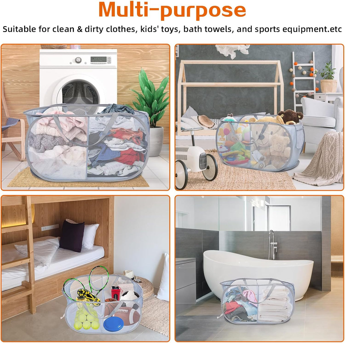 Foldable Laundry Baskets, Collapsible Mesh Laundry Hamper, Durable Pop Up Laundry Basket, 3 Compartments Clothes Hampers for Laundry, Easy to Carry & Sort for Dorm, Home, Kids Room, Travel Black