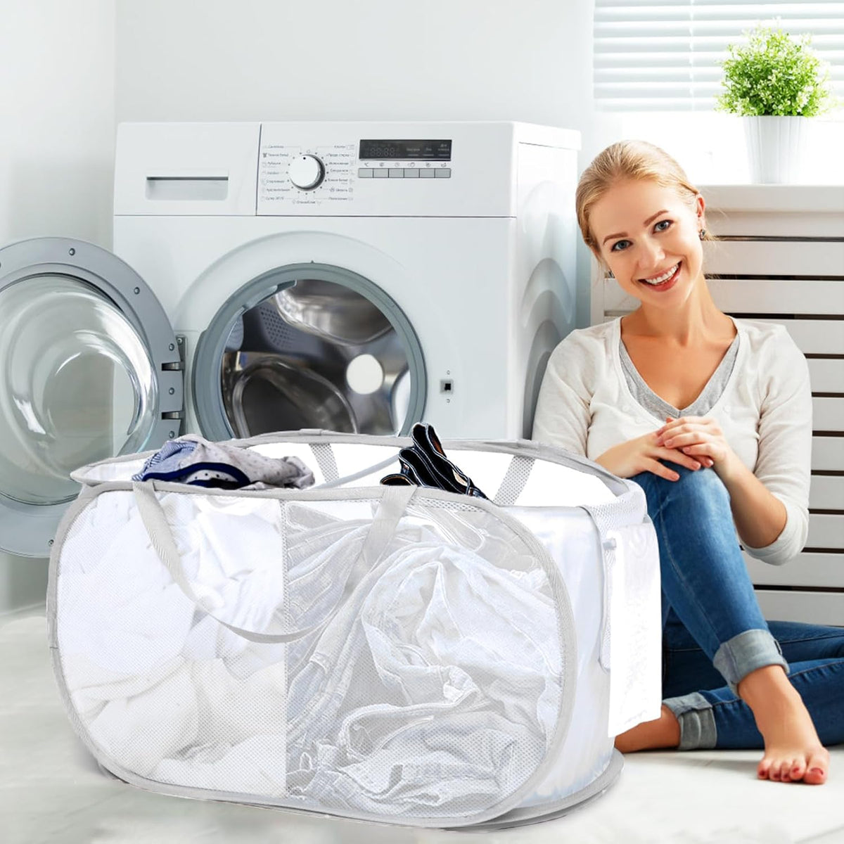 Foldable Laundry Baskets, Collapsible Mesh Laundry Hamper, Durable Pop Up Laundry Basket, 3 Compartments Clothes Hampers for Laundry, Easy to Carry & Sort for Dorm, Home, Kids Room, Travel Black