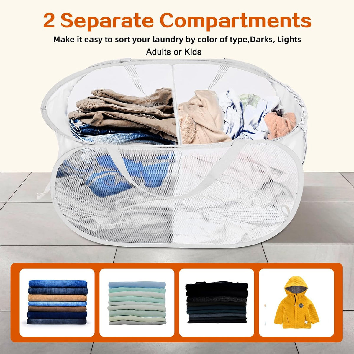 Foldable Laundry Baskets, Collapsible Mesh Laundry Hamper, Durable Pop Up Laundry Basket, 3 Compartments Clothes Hampers for Laundry, Easy to Carry & Sort for Dorm, Home, Kids Room, Travel Black
