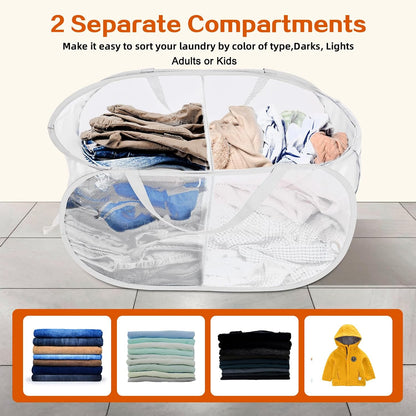 Foldable Laundry Baskets, Collapsible Mesh Laundry Hamper, Durable Pop Up Laundry Basket, 3 Compartments Clothes Hampers for Laundry, Easy to Carry & Sort for Dorm, Home, Kids Room, Travel Black