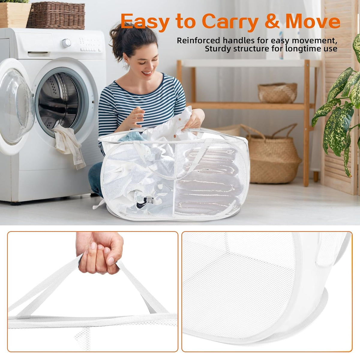 Foldable Laundry Baskets, Collapsible Mesh Laundry Hamper, Durable Pop Up Laundry Basket, 3 Compartments Clothes Hampers for Laundry, Easy to Carry & Sort for Dorm, Home, Kids Room, Travel Black