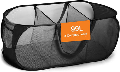 Foldable Laundry Baskets, Collapsible Mesh Laundry Hamper, Durable Pop Up Laundry Basket, 3 Compartments Clothes Hampers for Laundry, Easy to Carry & Sort for Dorm, Home, Kids Room, Travel Black