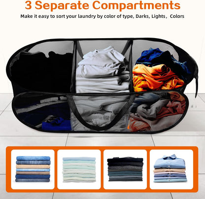 Foldable Laundry Baskets, Collapsible Mesh Laundry Hamper, Durable Pop Up Laundry Basket, 3 Compartments Clothes Hampers for Laundry, Easy to Carry & Sort for Dorm, Home, Kids Room, Travel Black