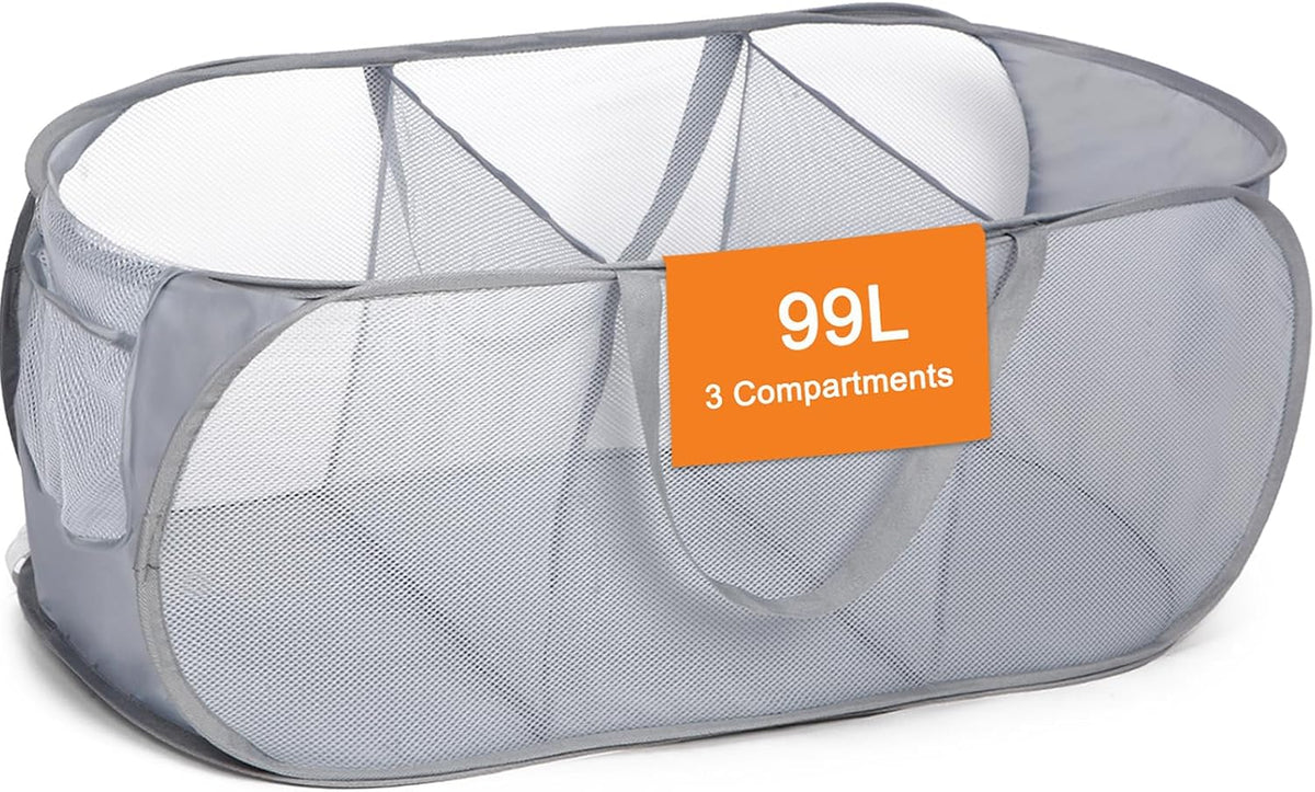Foldable Laundry Baskets, Collapsible Mesh Laundry Hamper, Durable Pop Up Laundry Basket, 3 Compartments Clothes Hampers for Laundry, Easy to Carry & Sort for Dorm, Home, Kids Room, Travel Black