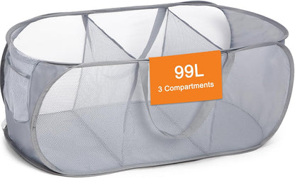 Foldable Laundry Baskets, Collapsible Mesh Laundry Hamper, Durable Pop Up Laundry Basket, 3 Compartments Clothes Hampers for Laundry, Easy to Carry & Sort for Dorm, Home, Kids Room, Travel Black