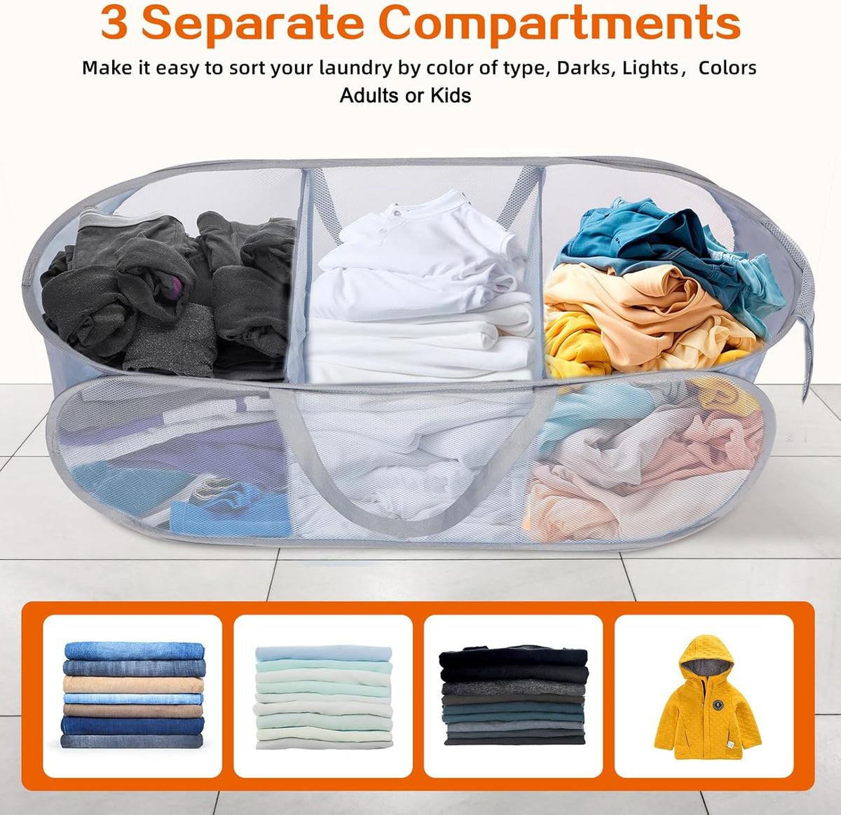 Foldable Laundry Baskets, Collapsible Mesh Laundry Hamper, Durable Pop Up Laundry Basket, 3 Compartments Clothes Hampers for Laundry, Easy to Carry & Sort for Dorm, Home, Kids Room, Travel Black